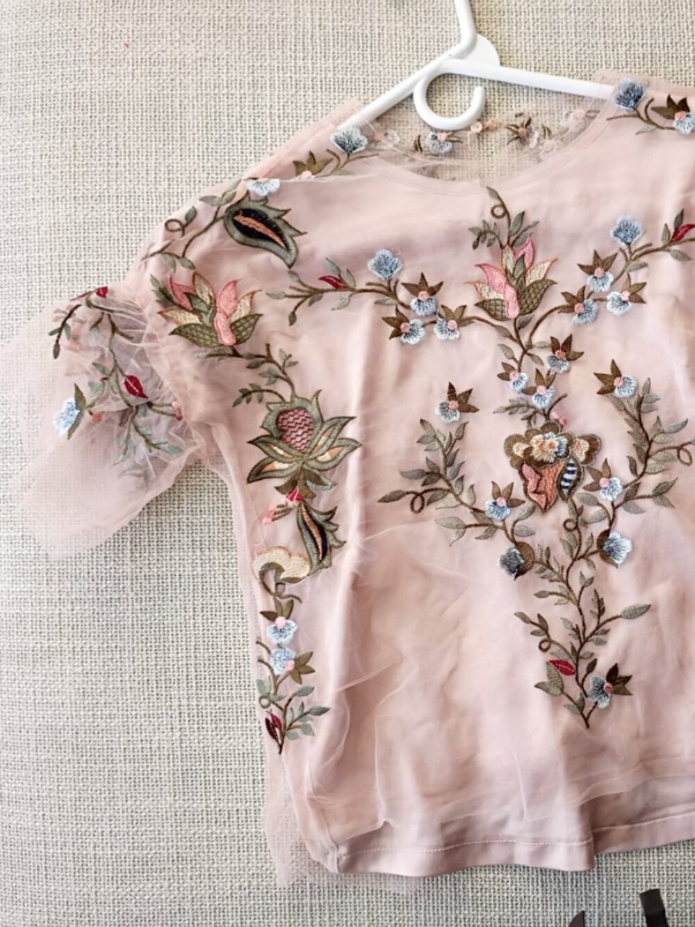Mango XS Sheer Floral Embroidered Mesh Blouse Pink Puff Sleeve
